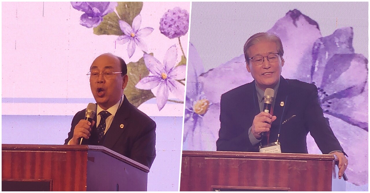 왼쪽부터 격려사와 축사를 전한 증경총회장 이문규 목사와 증경총회장 안병덕 목사